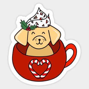 Holiday Christmas Dog in a Festive Candy Cane Heart Mug, made by EndlessEmporium Sticker